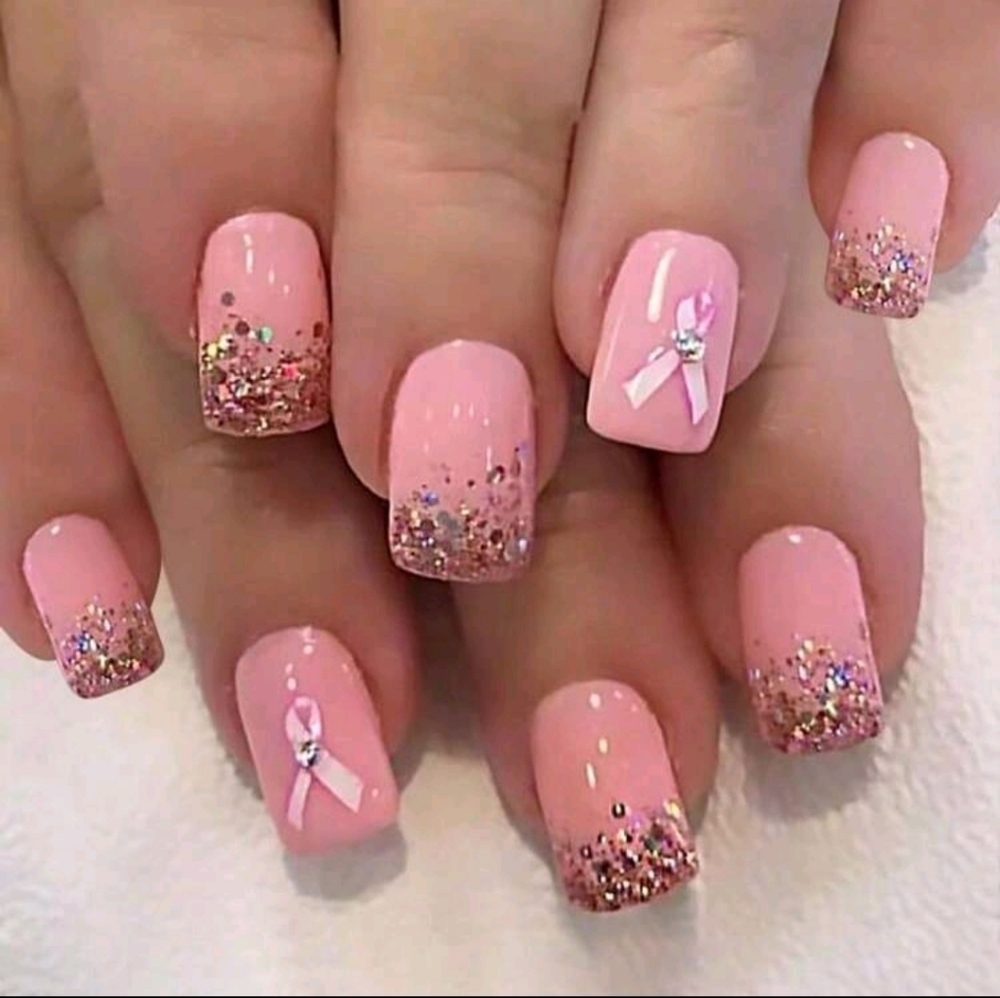 Pink Glitter Ribbon Nail Art Set - Women Makeup